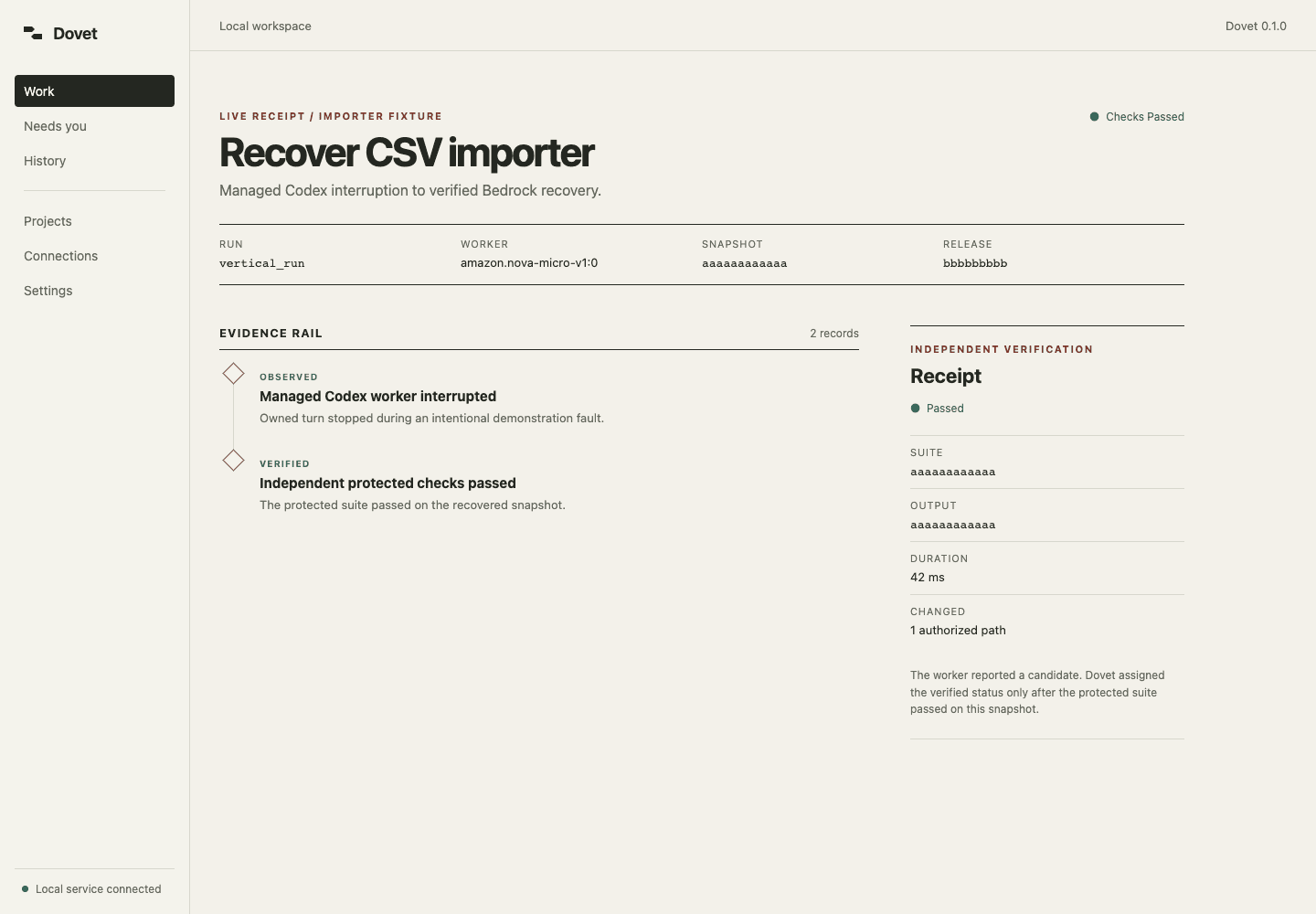 Dovet local console showing a managed recovery evidence rail and independent verification receipt